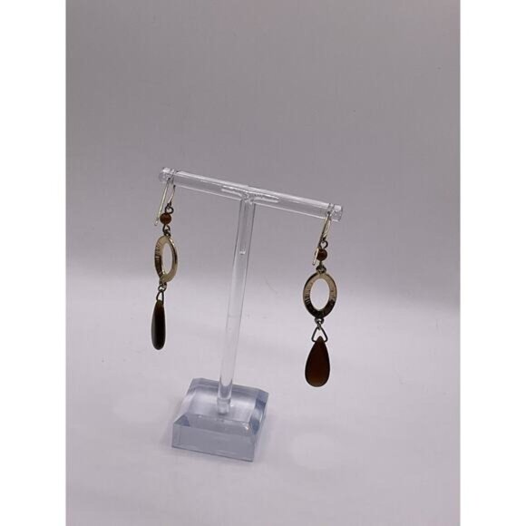 Vintage-Inspired Oval & Teardrop Earrings With Bead Accents In Silver & Brown - Picture 5 of 6